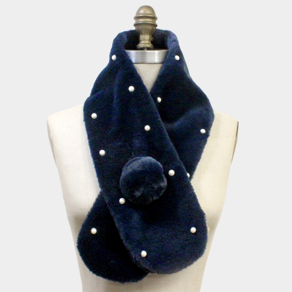 Blue Faux Fur Pearl Style Pull Through Scarf Collar Winter Fashion Accessory
